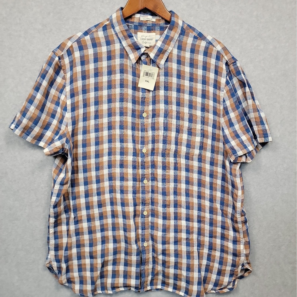 NEW Lucky Brand Men's 100% Linen Plaid Short Sleeve Button Down Shirt Size XXL